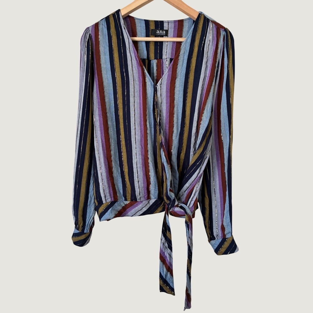 ana A New Approach Women Striped Wrap Blouse Long Sleeve Metallic Tie Waist L